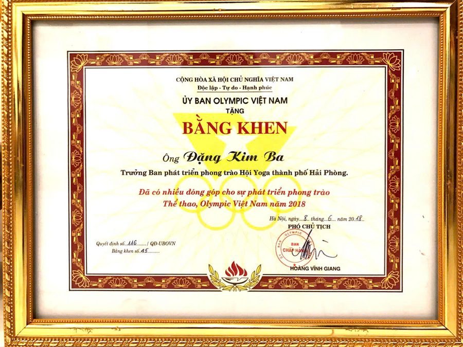 Bằng khen Uỷ ban Olympic Việt Nam tặng ông Đặng Kim Ba năm 2018